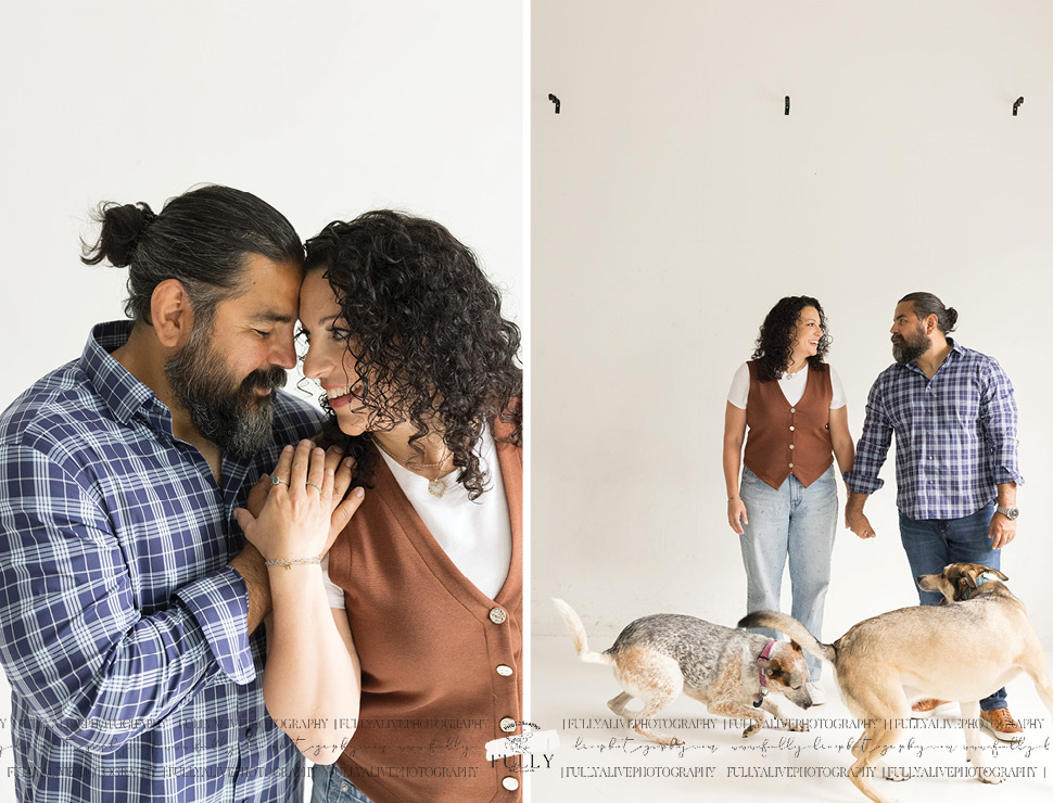 couple in a studio with their dogs enjoying a family photoshoot