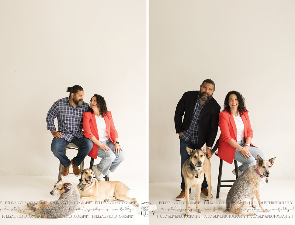 couple in a studio with their dogs enjoying a family photoshoot
